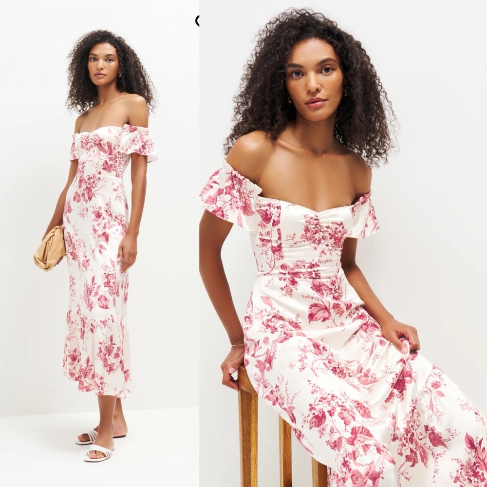 Reformation Off-Shoulder Pink Floral Midi Dress NWT
